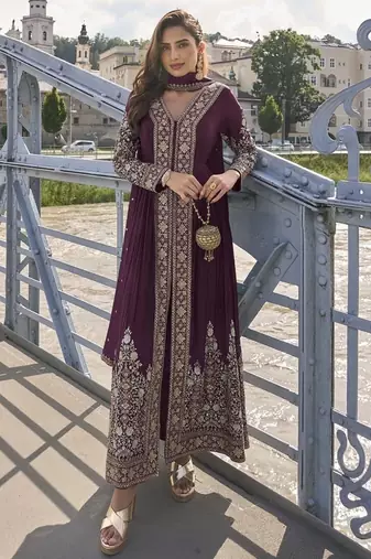 Wine embroidered pakistani anarkali suit