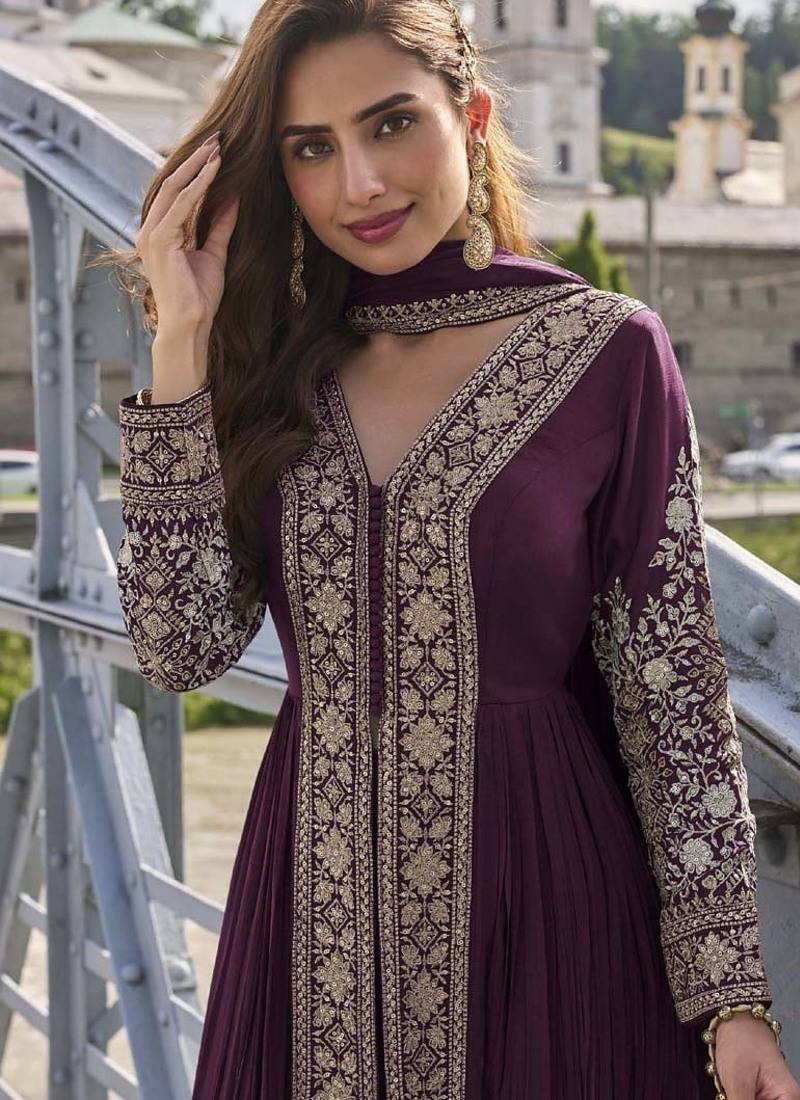 Wine embroidered pakistani anarkali suit
