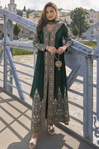 Green embroidered pakistani anarkali suit