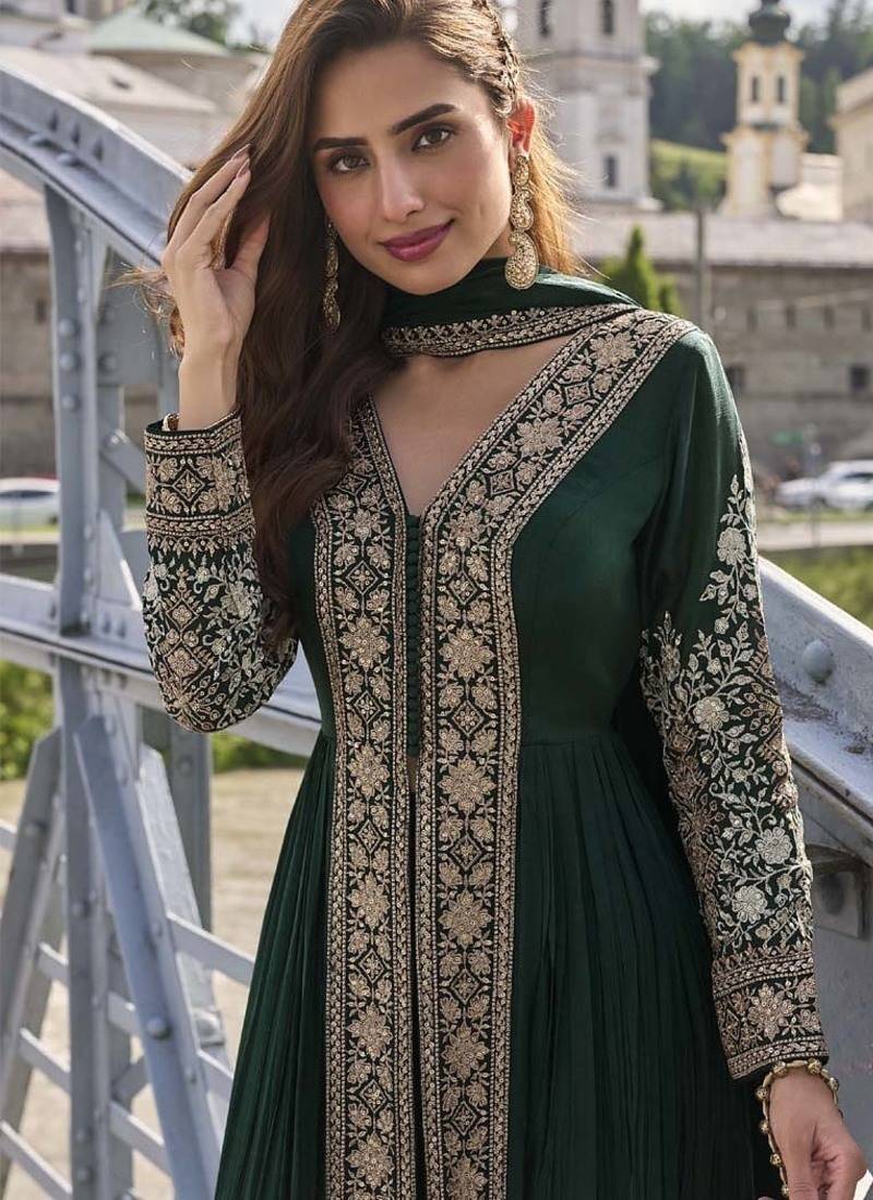Green embroidered pakistani anarkali suit