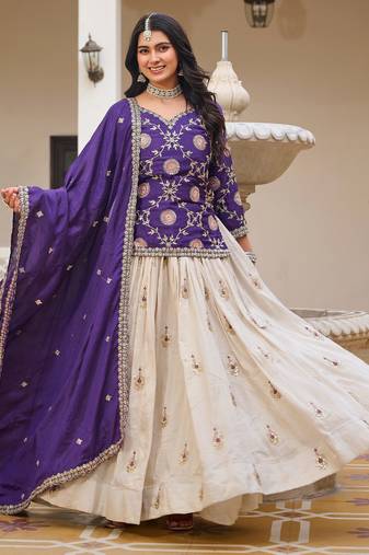  purple sequins embroidered chinon lehenga with long choli