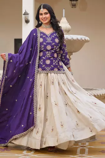  purple sequins embroidered chinon lehenga with long choli
