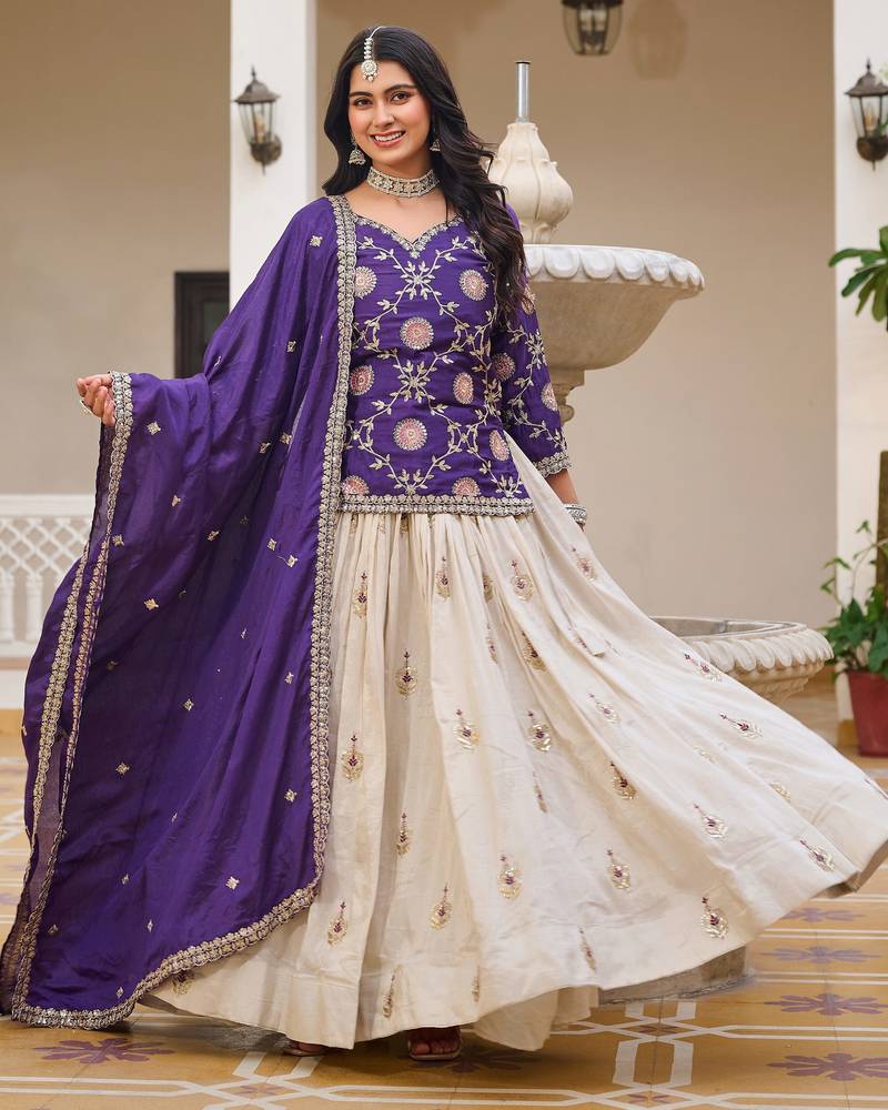  purple sequins embroidered chinon lehenga with long choli