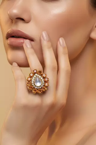 Pich stone stud brass ring / premium gold plated wedding ring for  women