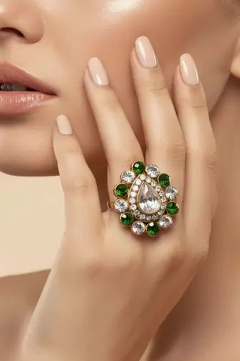Multi stone stud brass ring / premium gold plated wedding ring for  women