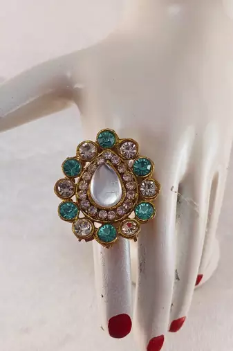 Multi stone stud brass ring / premium gold plated wedding ring for  women / trendy adjustable stainless steel ring