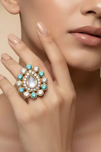 Multi stone stud brass ring / premium gold plated wedding ring for  women / trendy adjustable stainless steel ring