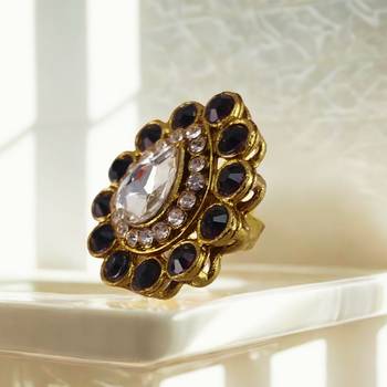 Dark beige stone stud brass ring/ premium gold plated wedding ring for  women / stylish & durable 2