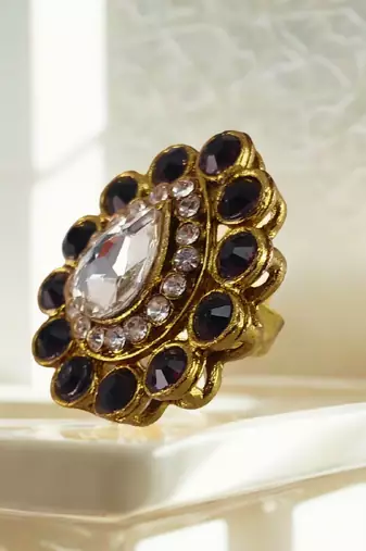 Dark beige stone stud brass ring/ premium gold plated wedding ring for  women / stylish & durable