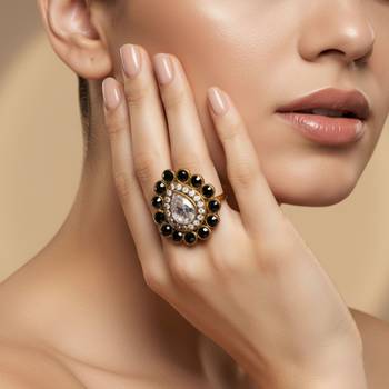Dark beige stone stud brass ring/ premium gold plated wedding ring for  women / stylish & durable 4