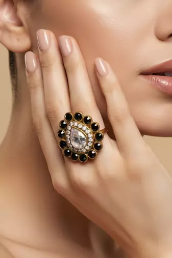 Dark beige stone stud brass ring/ premium gold plated wedding ring for  women / stylish & durable