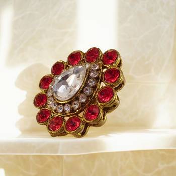 Red stone stud brass ring / premium gold plated wedding ring for  women 2