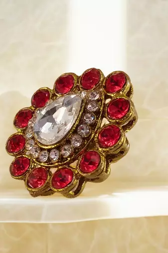 Red stone stud brass ring / premium gold plated wedding ring for  women