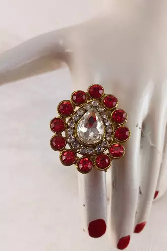 Red stone stud brass ring / premium gold plated wedding ring for  women