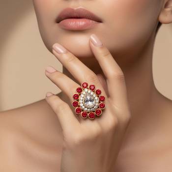 Red stone stud brass ring / premium gold plated wedding ring for  women 4