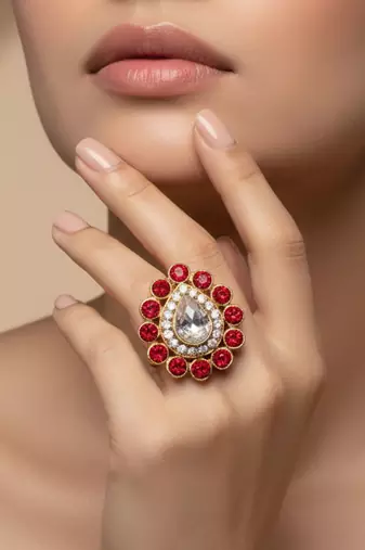 Red stone stud brass ring / premium gold plated wedding ring for  women