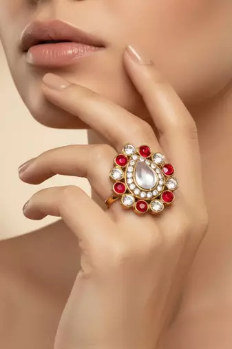 Multi stone stud brass ring / premium gold plated wedding ring for  women
