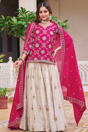 pink thread embroidered chinon lehenga with long choli
