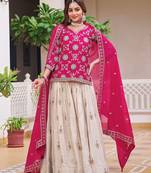 pink thread embroidered chinon lehenga with long choli