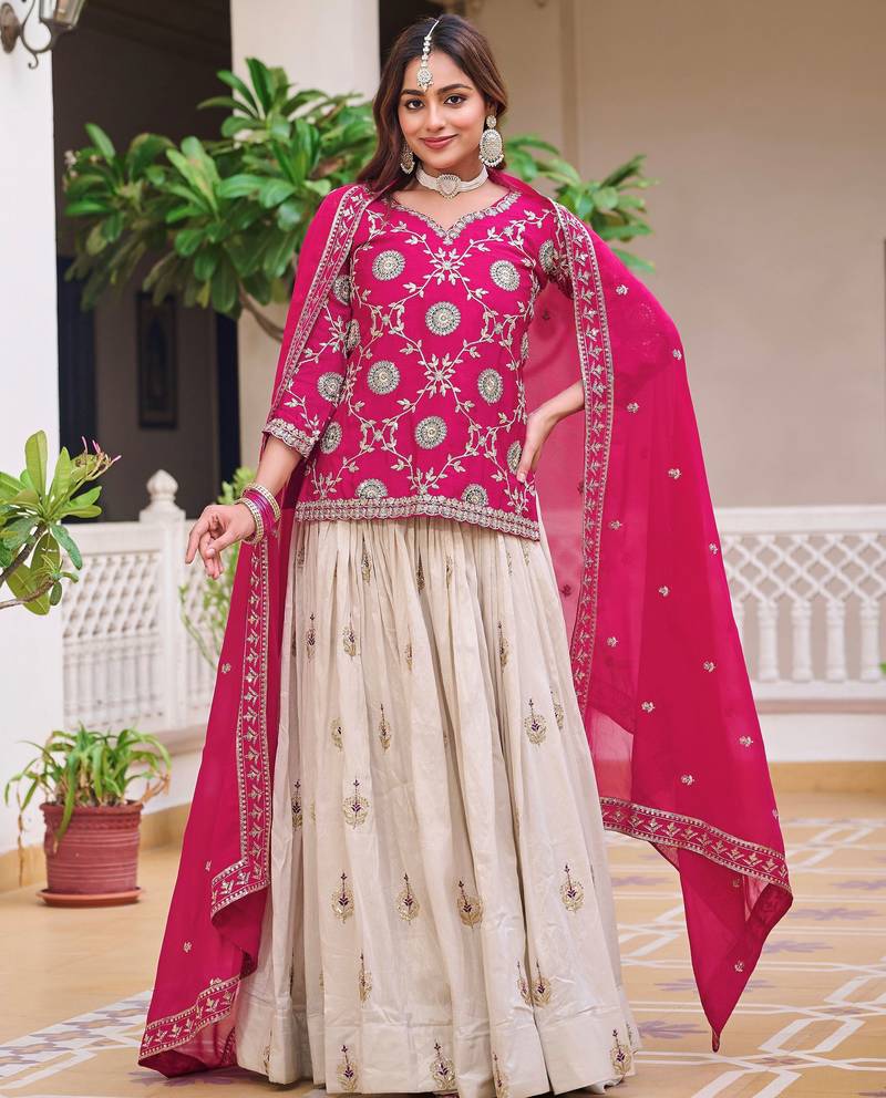 pink thread embroidered chinon lehenga with long choli