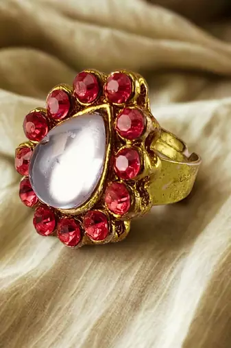 Pink stone stud brass ring /stylish & durable/ adjustable ring with natural stones