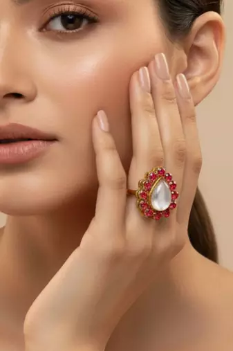 Pink stone stud brass ring /stylish & durable/ adjustable ring with natural stones