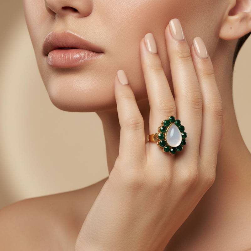 Green stone stud brass ring