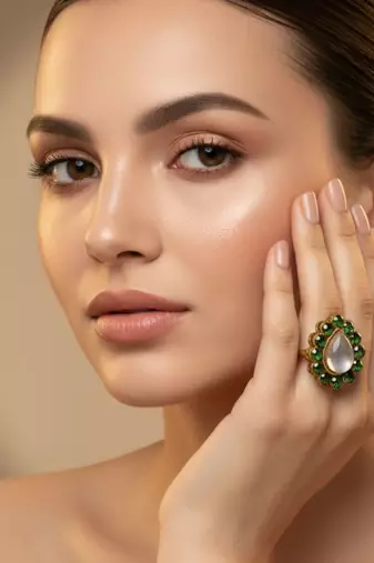 Mehendi stone stud brass ring / premium gold plated wedding ring for  women