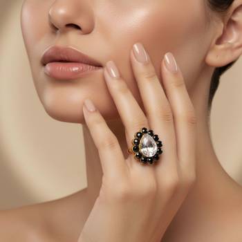 Dark beige stone stud brass ring/trendy adjustable stainless steel ring / 4