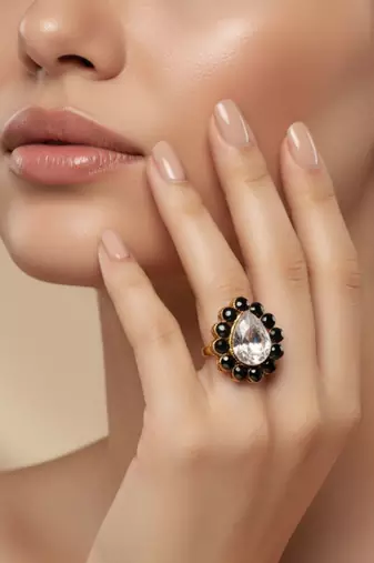 Dark beige stone stud brass ring/trendy adjustable stainless steel ring /