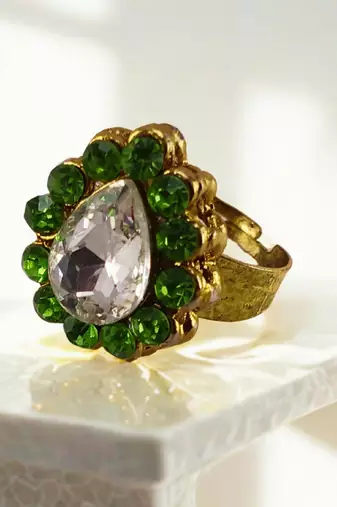 Light green stone stud brass ring / premium gold plated wedding ring for  women