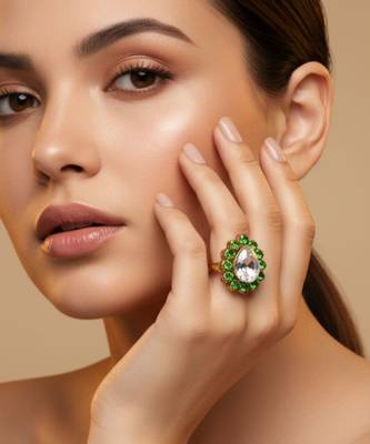 Light green stone stud brass ring / premium gold plated wedding ring for  women 4