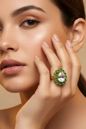 Light green stone stud brass ring / premium gold plated wedding ring for  women