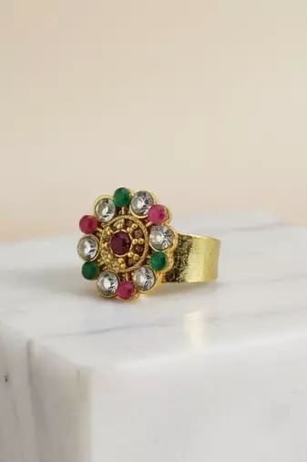 Multi stone stud brass ring / adjustable ring with natural stones/  sku-rin234