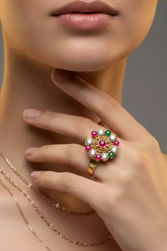 Multi stone stud brass ring / adjustable ring with natural stones/  sku-rin234
