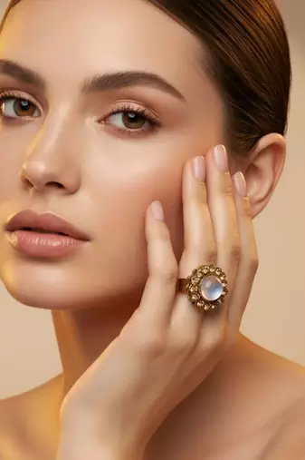 Golden stone stud brass ring / premium gold plated wedding ring for  women / stylish & durable/