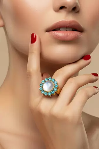 Firozi stone stud brass ring /trendy adjustable stainless steel ring
