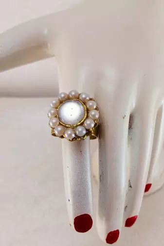 White moti stud brass ring  adjustable ring with natural stones/ sku-rin255 sku-rin255