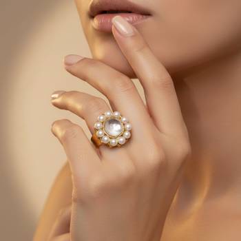 White moti stud brass ring  adjustable ring with natural stones/ sku-rin255 sku-rin255 4