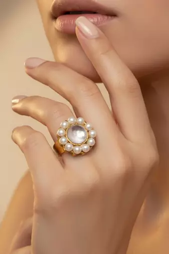 White moti stud brass ring  adjustable ring with natural stones/ sku-rin255 sku-rin255