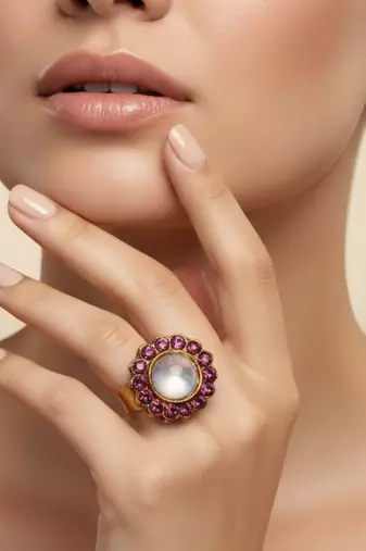 Purple stone stud brass ring / trendy adjustable stainless steel ring