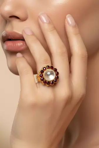 Mehroon stone stud brass ring /stylish & durable/ trendy adjustable stainless steel ring