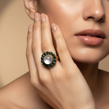 Green stone stud brass ring / premium gold plated wedding ring for  women 4