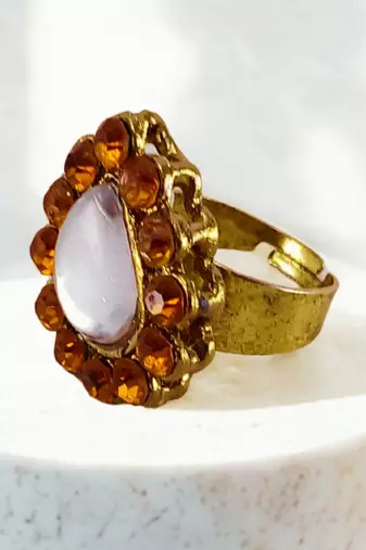 Brown stone stud brass ring / adjustable ring with natural stones