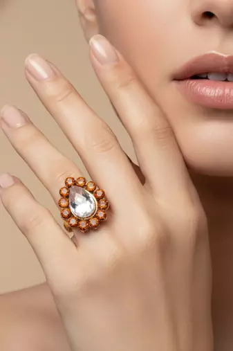 Brown stone stud brass ring / adjustable ring with natural stones
