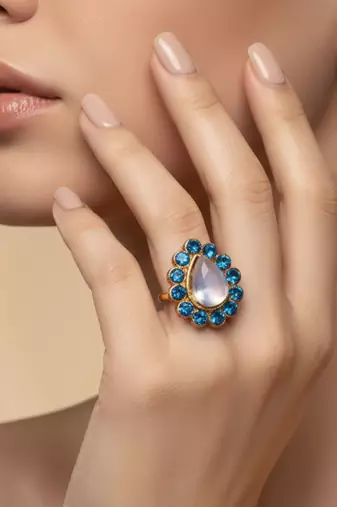 Radium stone stud brass ring / premium gold plated wedding ring for  women