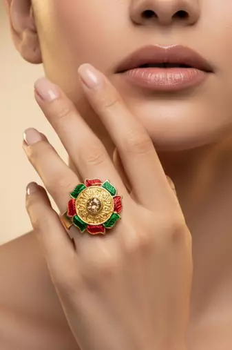 Multi stone stud brass ring / premium gold plated wedding ring for  women
