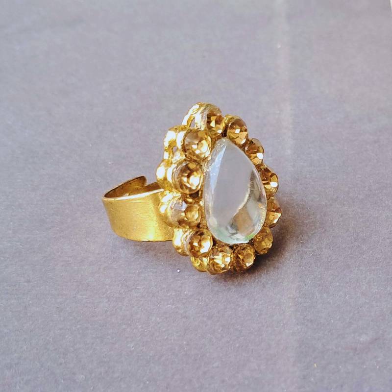 Golden stone stud brass ring / premium gold plated wedding ring for  women