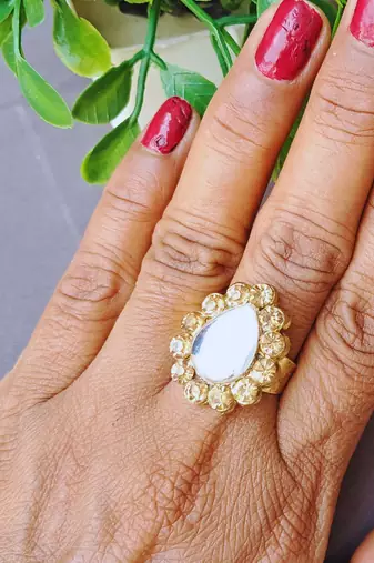 Golden stone stud brass ring / premium gold plated wedding ring for  women
