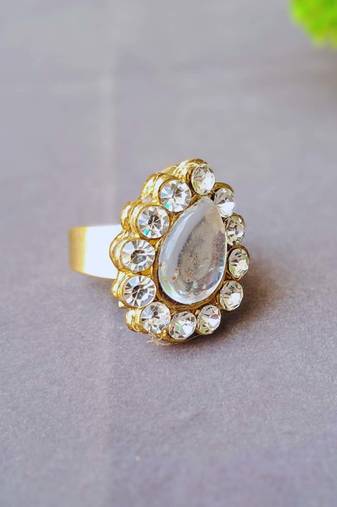 White stone stud brass ring / premium gold plated wedding ring for  women
